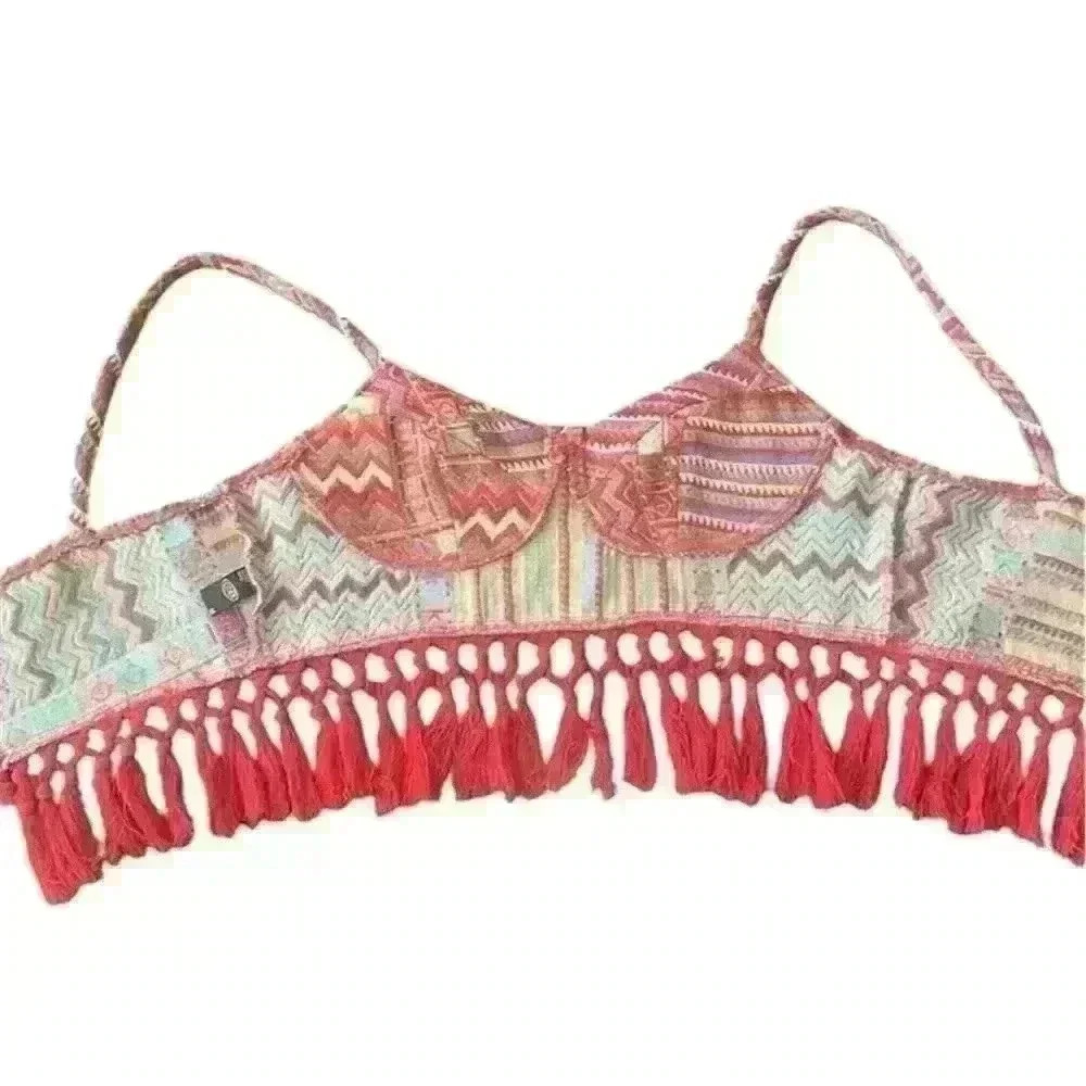 Aztec Cider Tank top w knotted fringe base zip back M red base BOHO - Picture 5 of 7